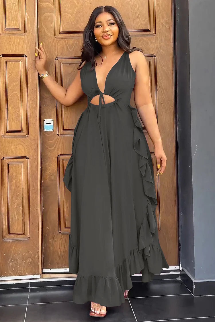 DEEP V NECK CAMI ASYMMETRIC RUFFLED A-LINE VACATION MAXI DRESS