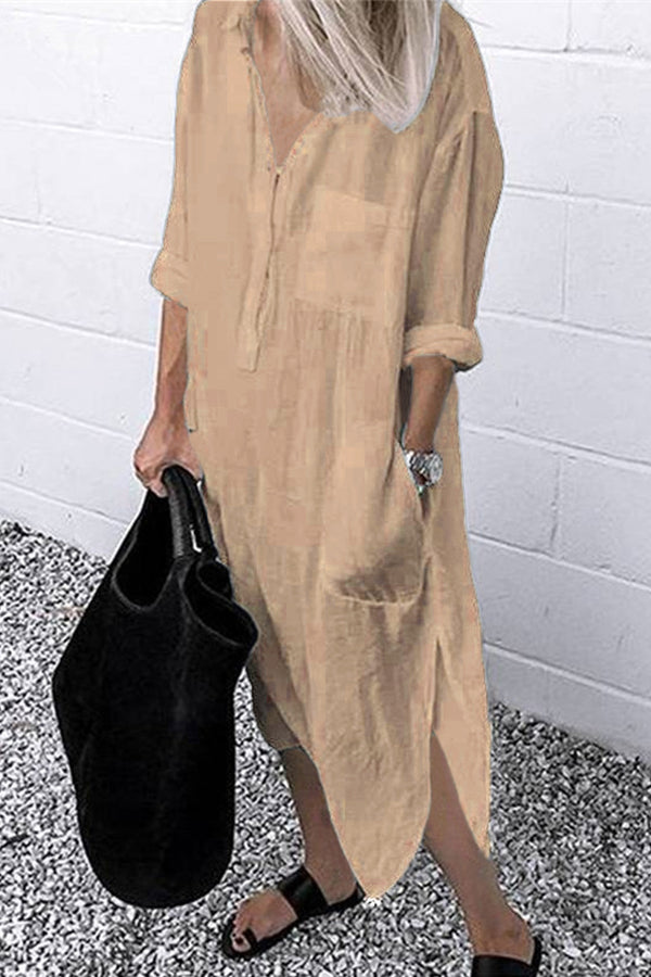 Elegant Solid Color Slit Shirt Dress Khaki