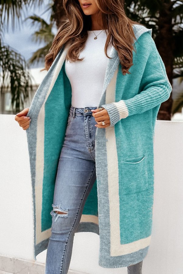 Catch Your Gaze Colorblock Pocket Hooded Long Cardigan Green