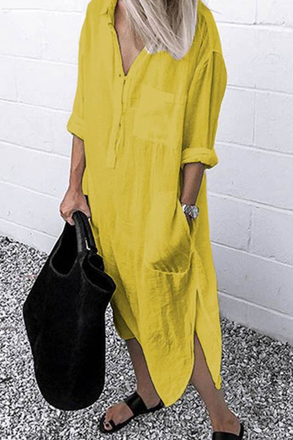 Elegant Solid Color Slit Shirt Dress Yellow