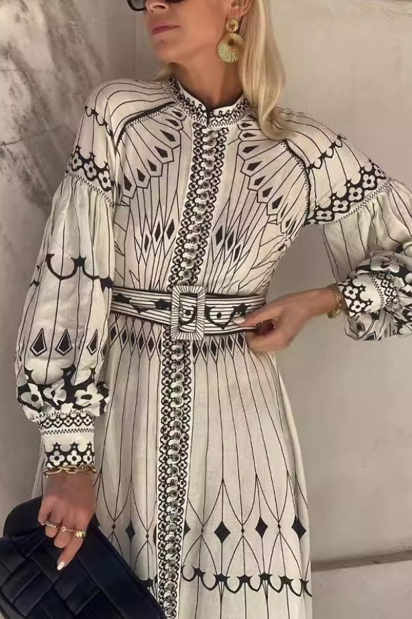 Cotton and linen printed loose casual retro lantern sleeves Midi Dress White