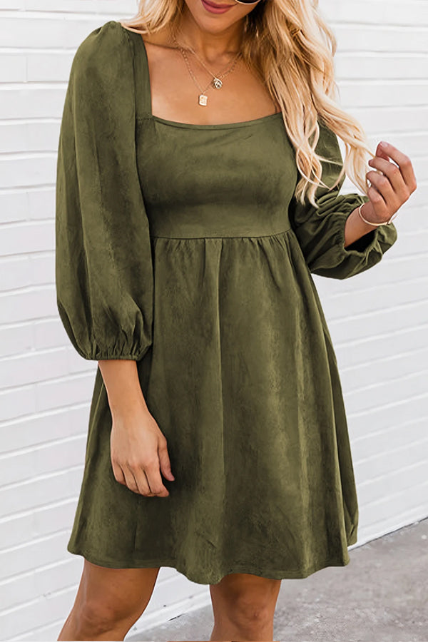 Washed Square Neck High Waist Flared Short Dress Green
