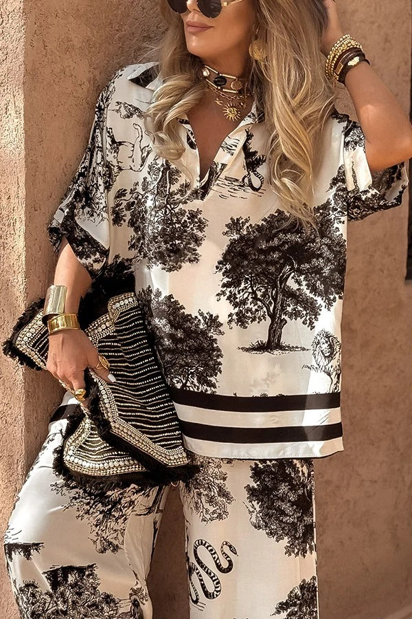 Tree Shadow Print V-Neck Short Sleeve Loose Top and Elastic Waist Casual Wide Leg Pants Set