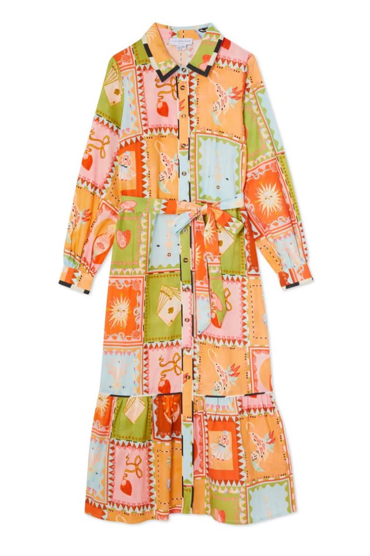 Linen Blend Unique Printed Long Sleeve Lapel Tie-waist Midi Dress