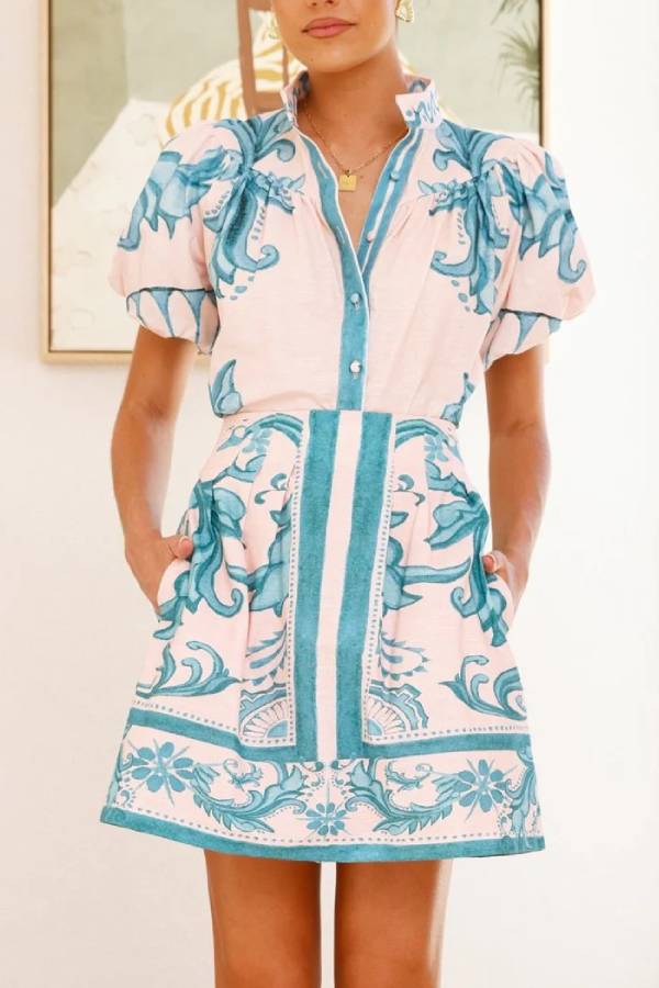 Casual Fashion Puff Sleeve Linen Short Skirt Suit Green