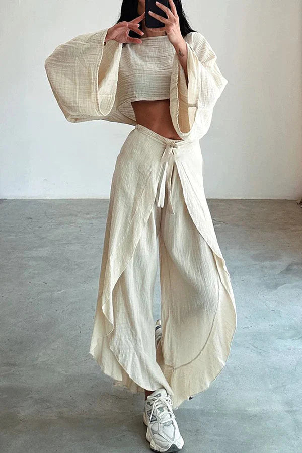 Ideal for Holidays Linen Blend Crop Top and Elastic Waist Tie-up Ruffle Pants Set Beige