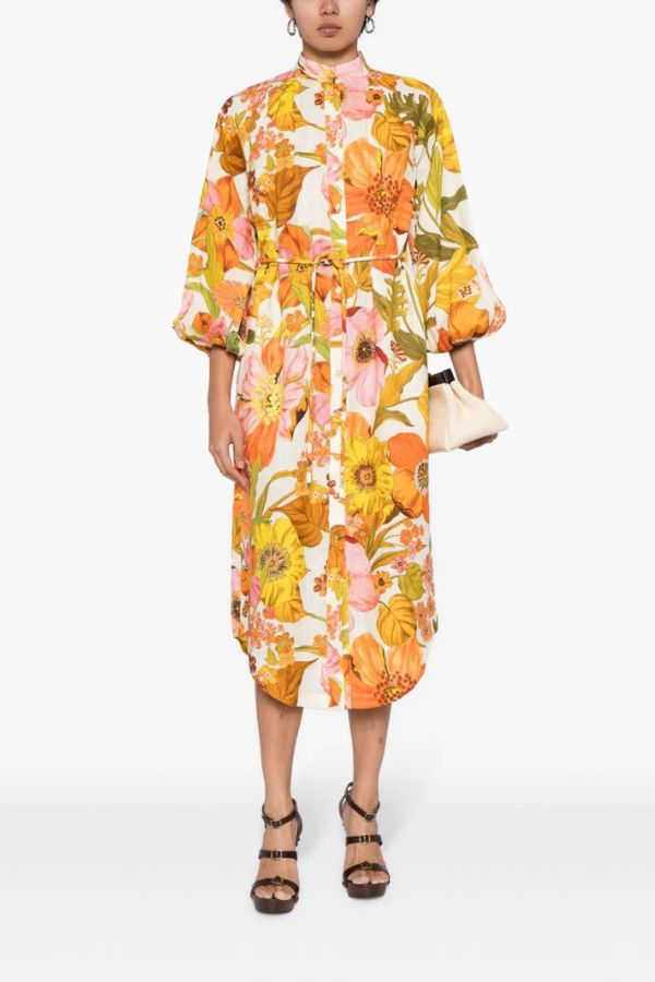 Floral Print Fashion Puff Sleeve Fitted Swing Midi Dress Yellow