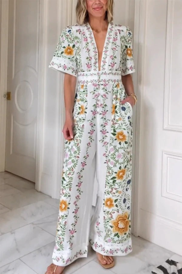 Natural Charm Linen Blend Floral Print Short Sleeve Pocketed Wide Leg Jumpsuit Green