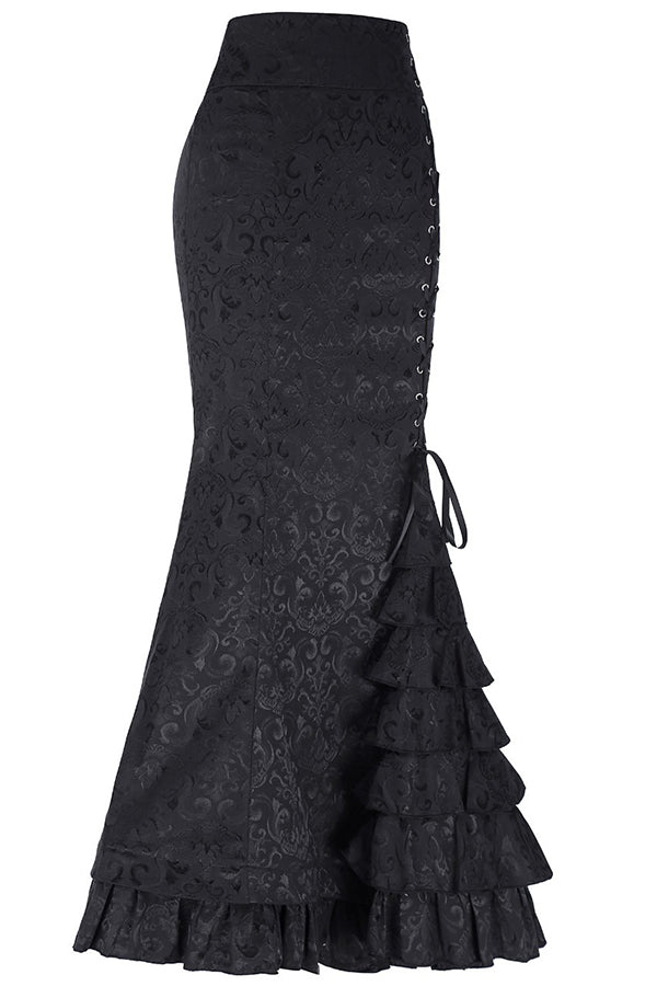 Fashionable and sexy fishtail belted jacquard long skirt Black