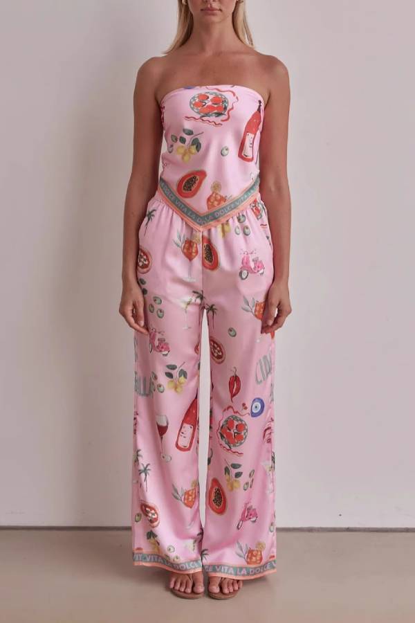 Vacation-Style Printed Satin Strapless Top + High-Waisted Wide-Leg Pants Set