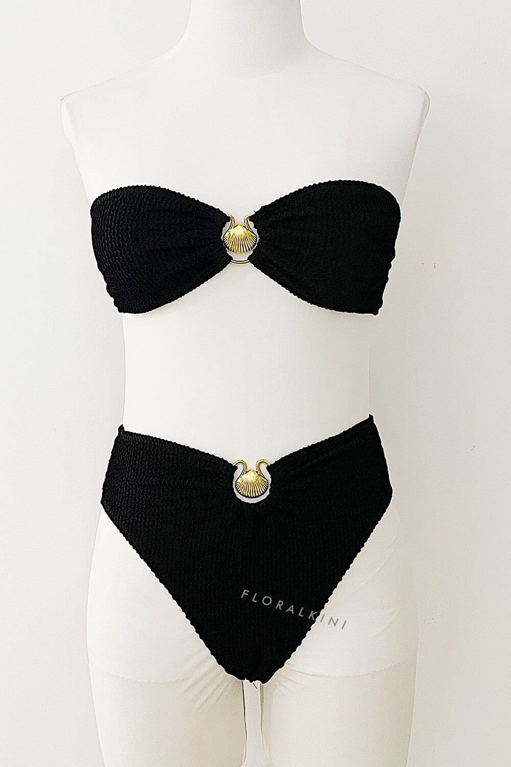 Bandeau Crinkle High Waisted Bikini Set With Gold Shell Detail
