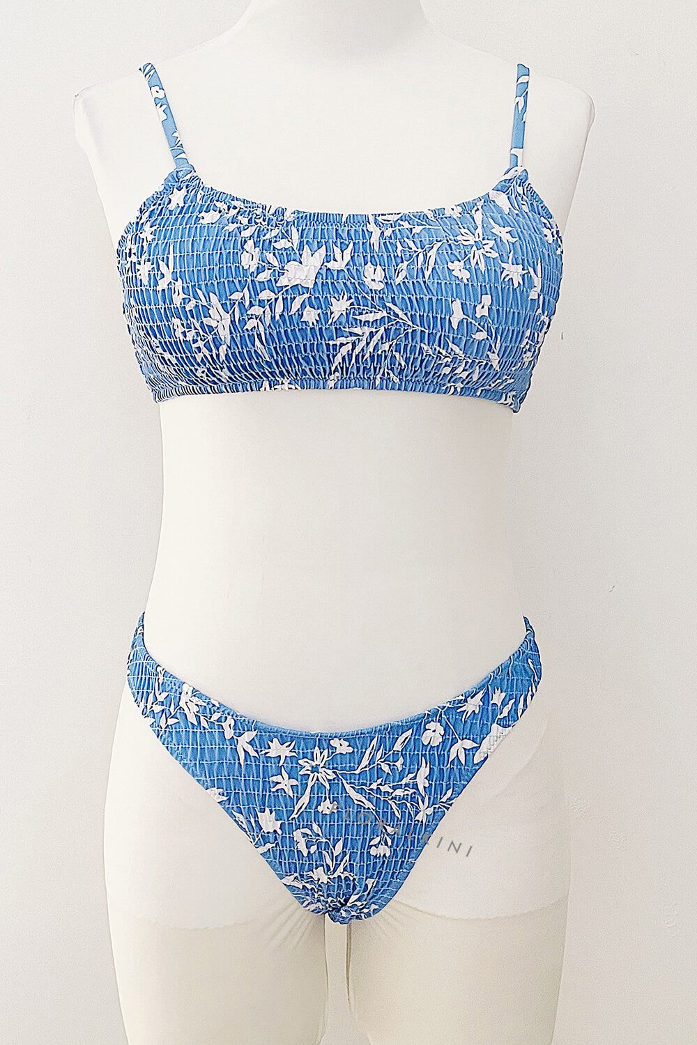 Sky Blue Leaves Print Ruched High Leg Bikini Bottom
