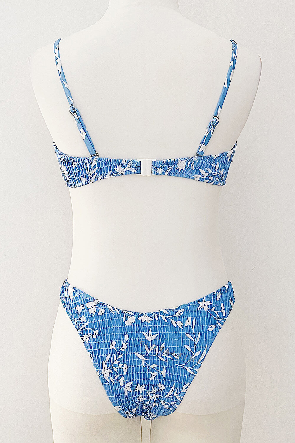Sky Blue Leaves Print Ruched High Leg Bikini Bottom