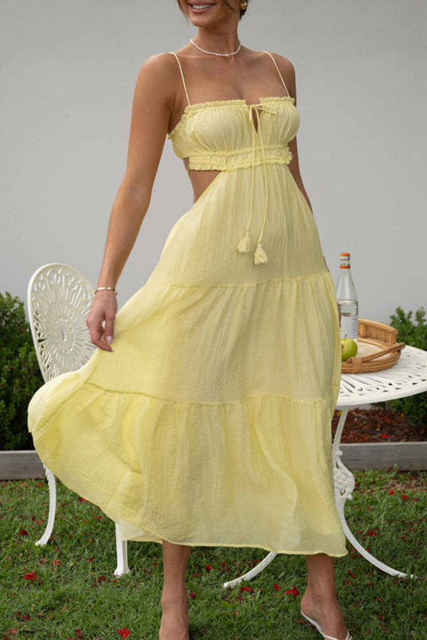 V-neck sleeveless solid color mosaic large swing long dress