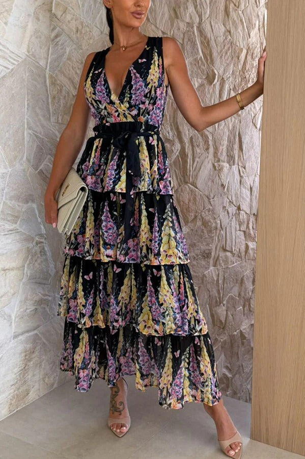 Sunny Views Lavender Print V-neck Tie-up Tiered Maxi Dress