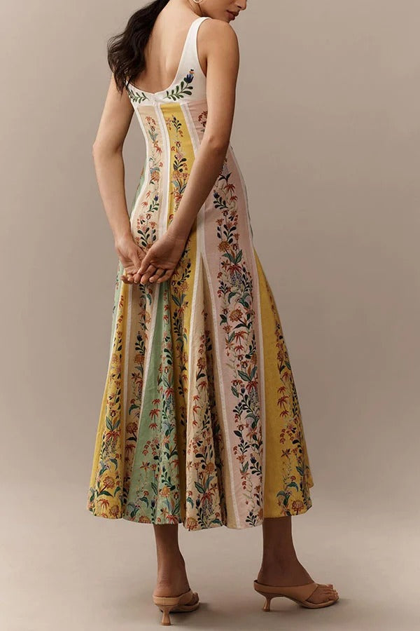 Sweet Garden Linen Blend Color Block Floral Paneled Maxi Dress