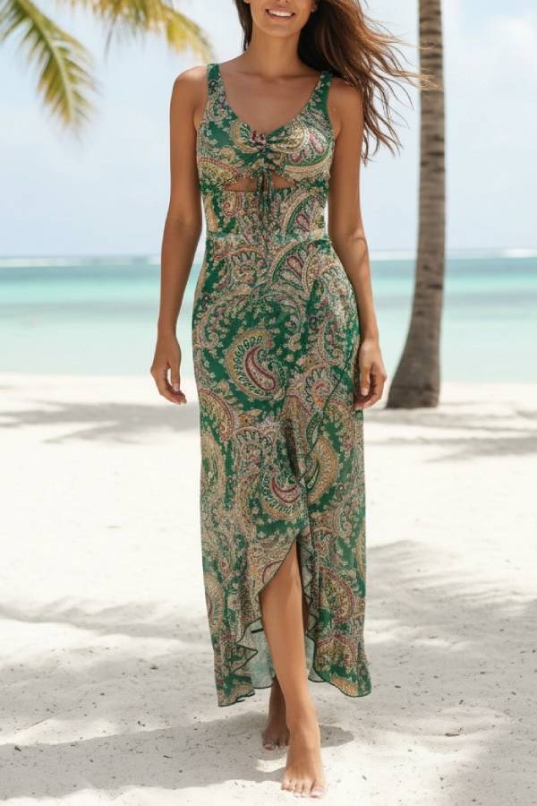 Paisley Print Cutout Drawstring Slit Vacation Maxi Dress