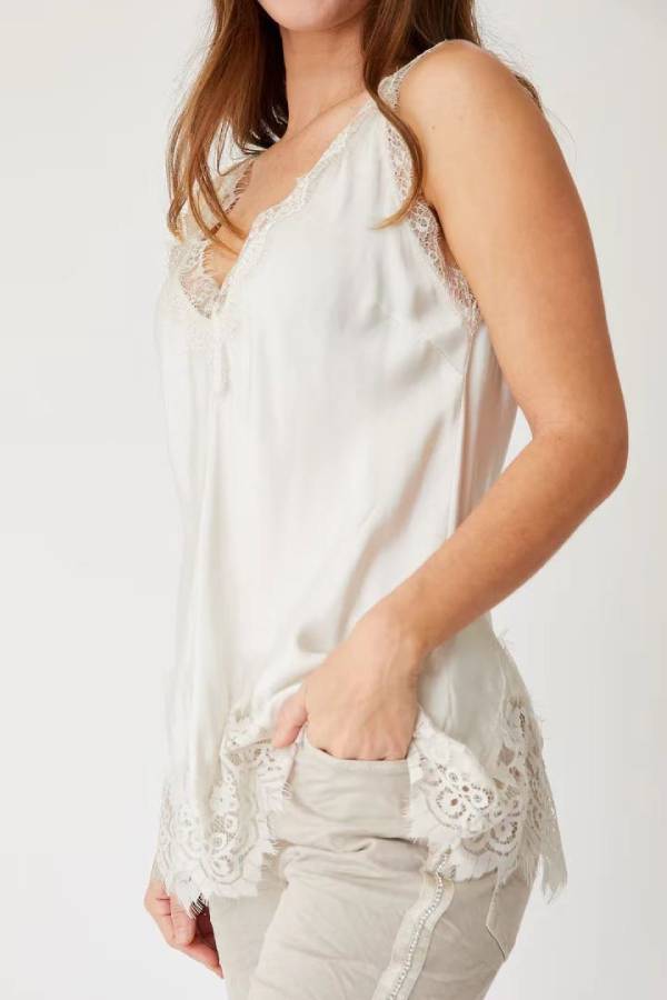 V‑Neck Eyelash Lace Satin Camisole Top
