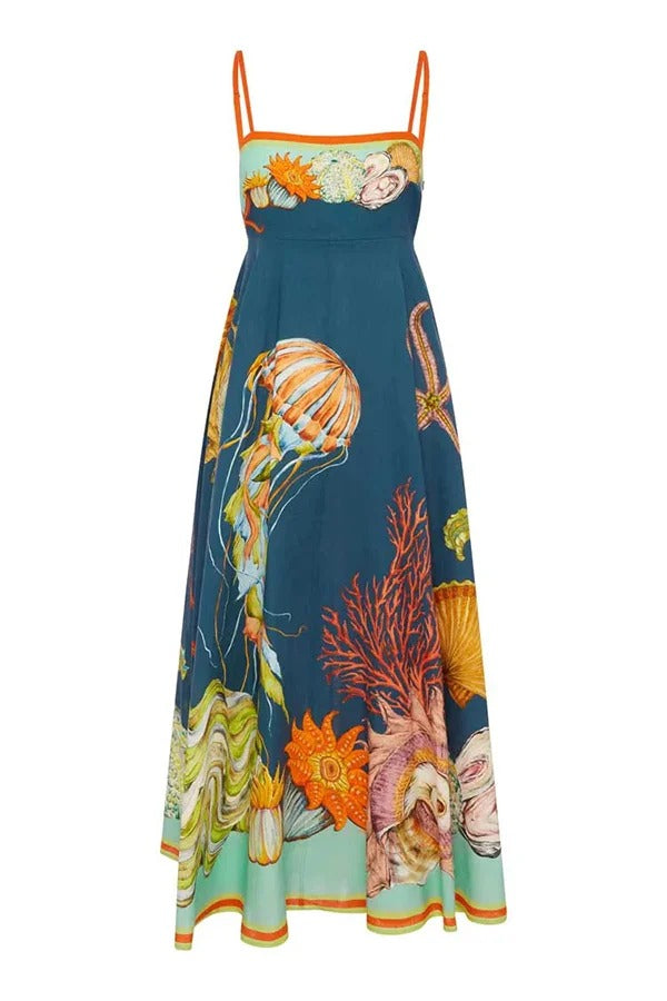 Linen Blend Unique Print Suspenders Back Pleated Pocket Resort Style Maxi Dress