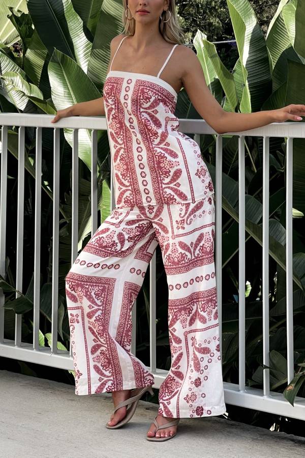 Unique Print Loose Casual Tank Top and Elastic Waist Wide Leg Straight Pants Set