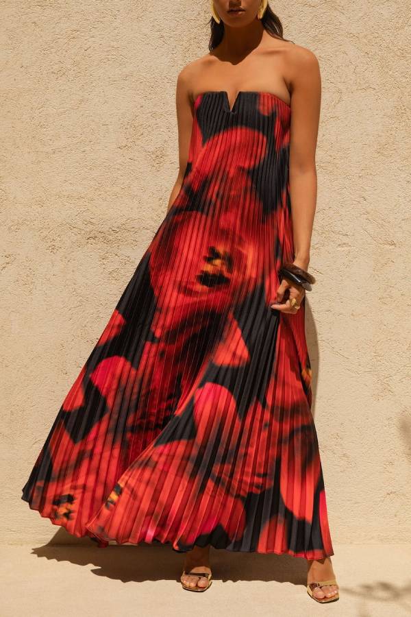 Für jeden Anlass: Satin-Maxikleid mit Plissee und Blumenmuster und V-Bügel-Bandeau-Ausschnitt 