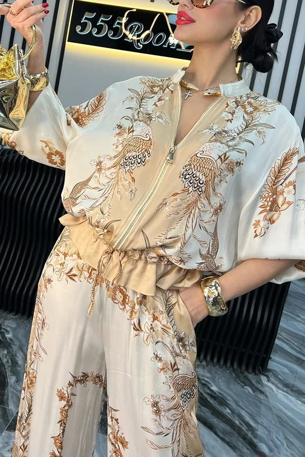 Unique Printed Casual Long-sleeved Loose Top and Elastic Waist Pocket Wide-leg Pants Set