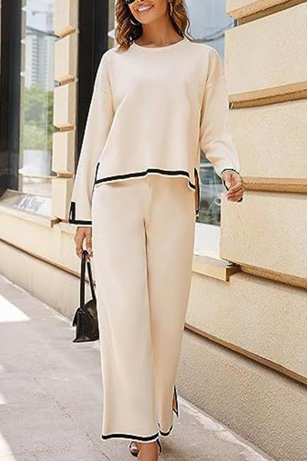 Lounge or Casual Wear Knit Patchwork Color Block Short Sleeve Top and Elastic Wide Leg Pants Apricot