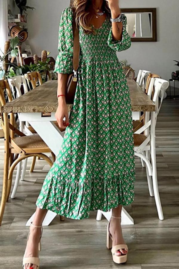 V-neck long skirt waist floral print large swing dress Green