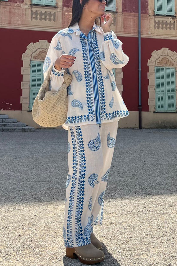 Linen Blend Unique Printed Shirt Top and Elastic Waisted Loose Pocket Pants Set Blue