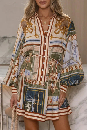 Palace Style Linen Blend Unique Print Button Balloon Sleeve Tie-up Shirt Mini Dress
