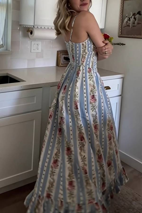 Vintage Floral Stripe Print Lace-Up Waist Maxi Dress