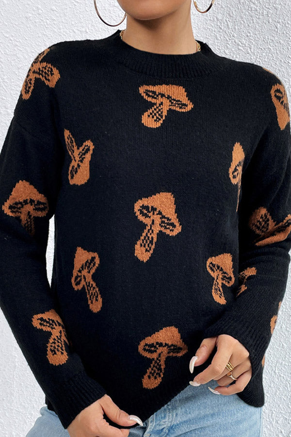 Skull jacquard crew neck pullover knitted sweater Black