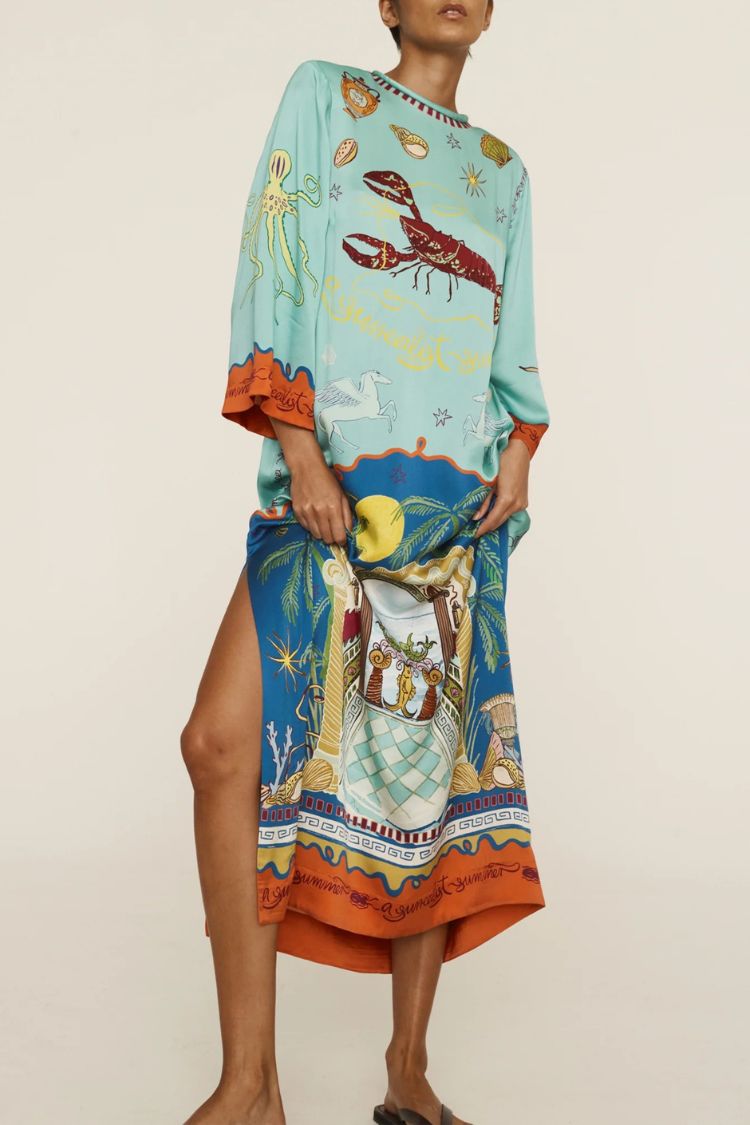 Satin Unique Print Long-sleeve Tie-waist Slit Maxi Dress