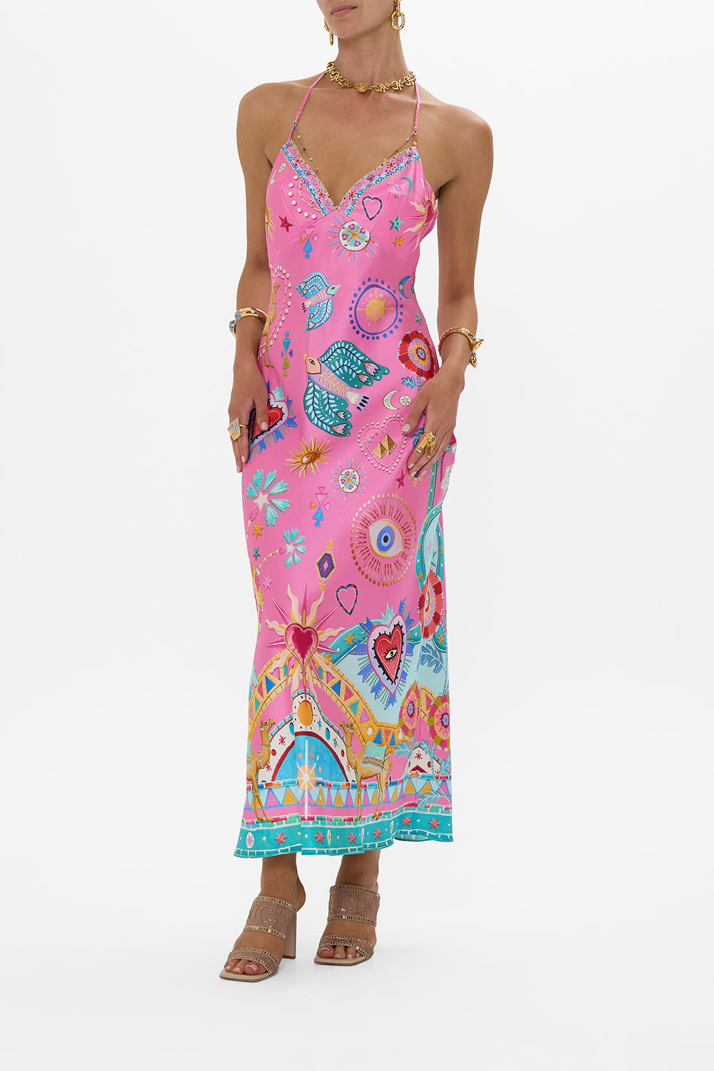 Effortless Chic Satin Unique Print Back Chain Detail Slip Maxi Dress