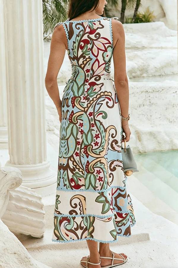 Unique Botanical Print Serrated Trim Round Neck Sleeveless Tie Casual Maxi Dress
