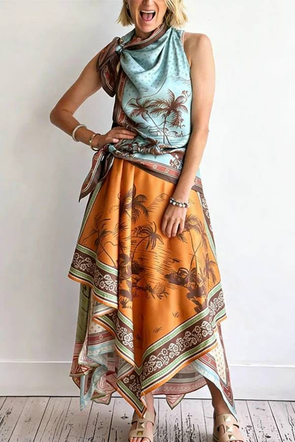 Alberta Satin Unique Color-blocked Print Tie Detail Layered Scarf Midi Dress