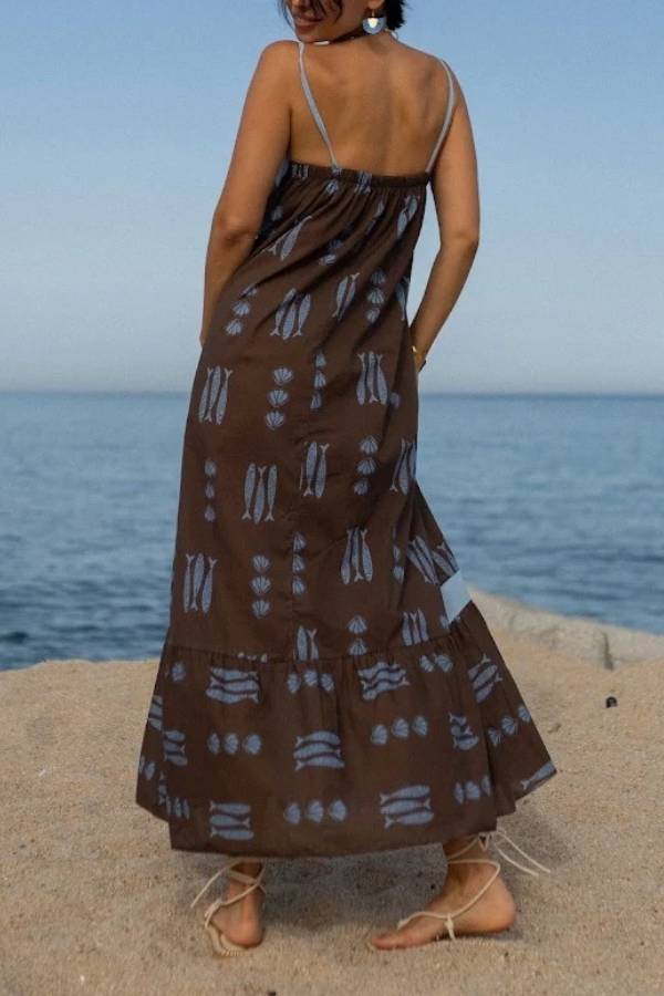Contrast Waistband Fish Shell Print Cami Tiered Maxi Dress Loose Beach Vacation Sundress