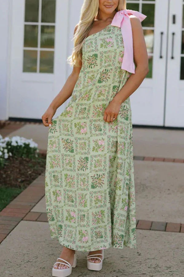 Garden Atmosphere Floral Print One Shoulder Pink Bow Loose Maxi Dress Green
