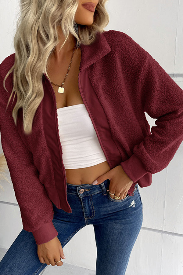 sherpa cardigan lapel zipper jacket Red