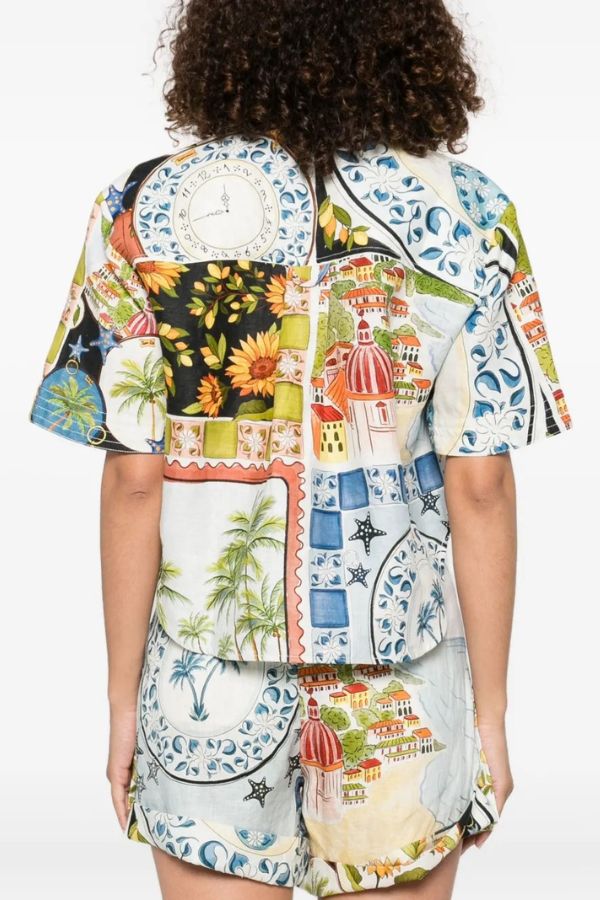 Ensemble chemise à manches courtes boutonnée et short ample à poches, mélange de lin, style insulaire, imprimé unique