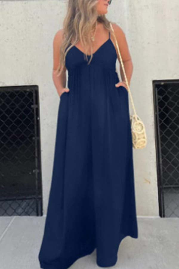 Effortless Back Tie-up Pocketed Wide Leg Cami Jumpsuit Navy blue