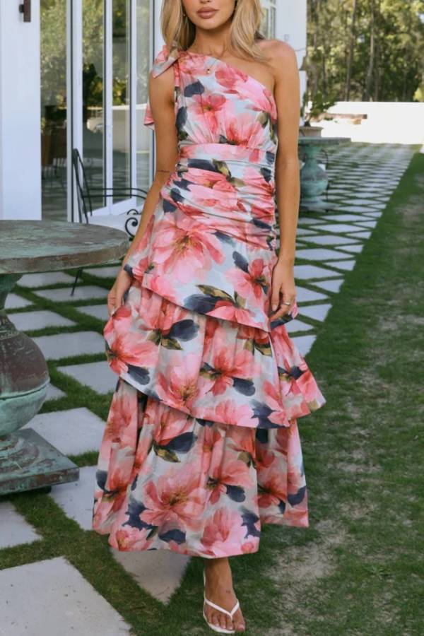 Floral One Shoulder Bow Tiered Cake Dress