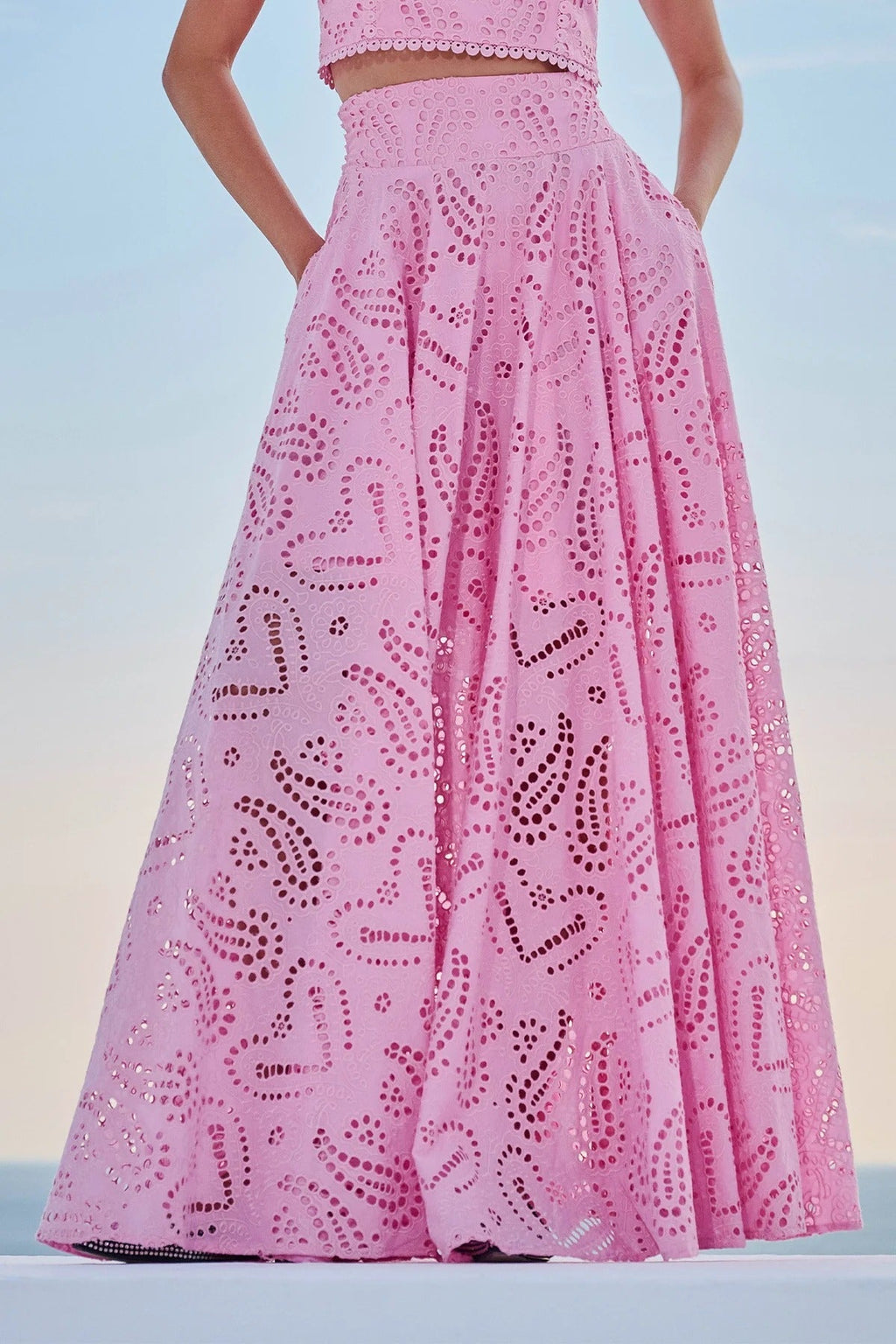 Paris Dreaming Embroidered Lace High Rise Elastic Waist Pocketed Maxi Skirt Pink