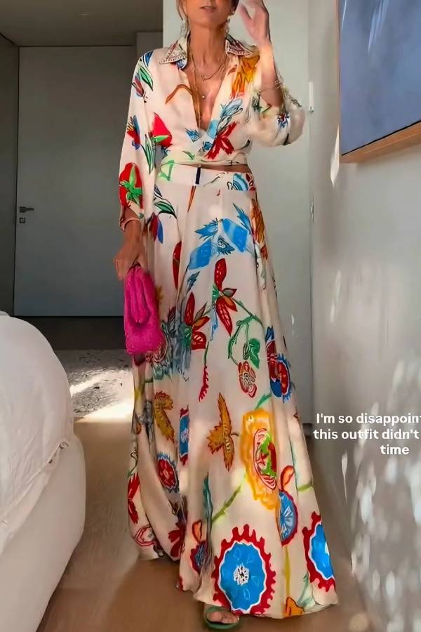 Vacation Tropical Floral Print Waist Tie Shirt & Maxi Skirt Boho Two Piece Set