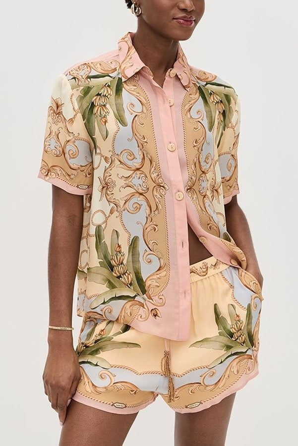 Royalty Unique Print Button Up Short Sleeve Shirt and Elastic Waist Pocketed Loose Shorts Set