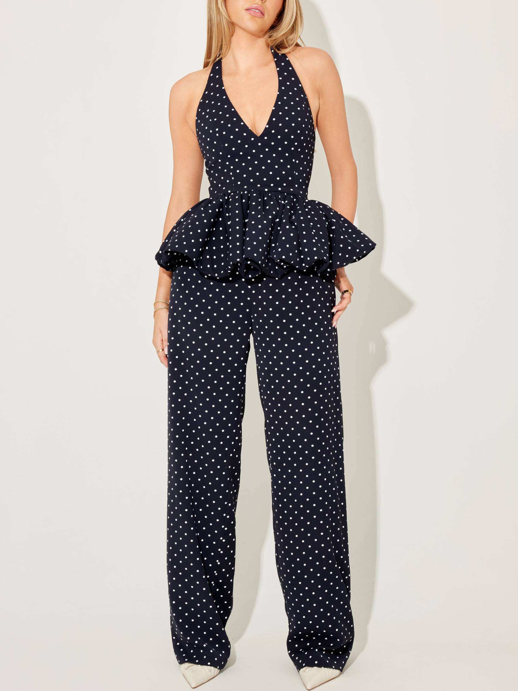 Vintage Polka Dot Neckholder-Top mit Schnürung und weit geschnittener Hose