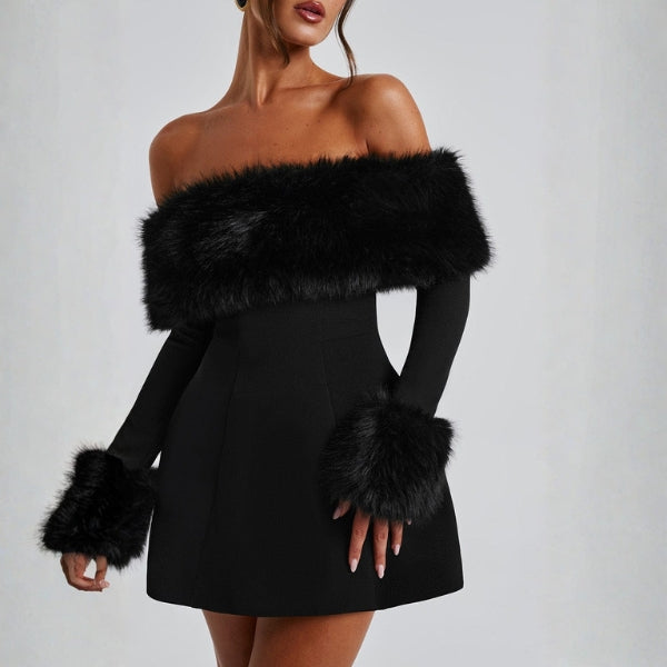 The Valentina Structured Off-Shoulder Faux Fur Mini Dress