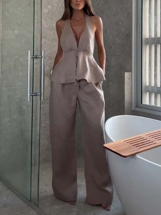 Elegant Halter Neck Lace-up Top And Wide Leg Pants Suit-Top
