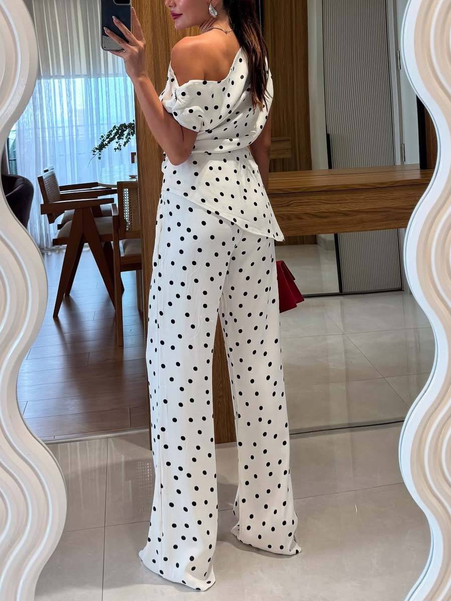 Vintage Polka Dot Off-Shoulder Top und Wide Leg Pants Anzughose