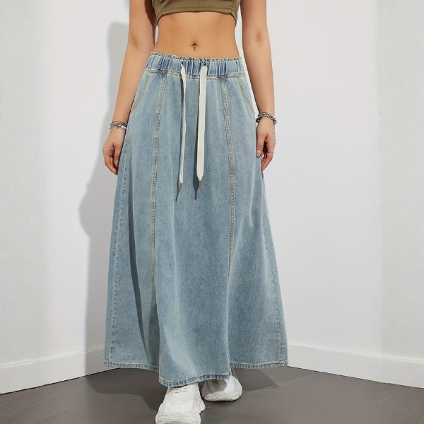 The Shoreline Drawstring Denim Maxi Skirt